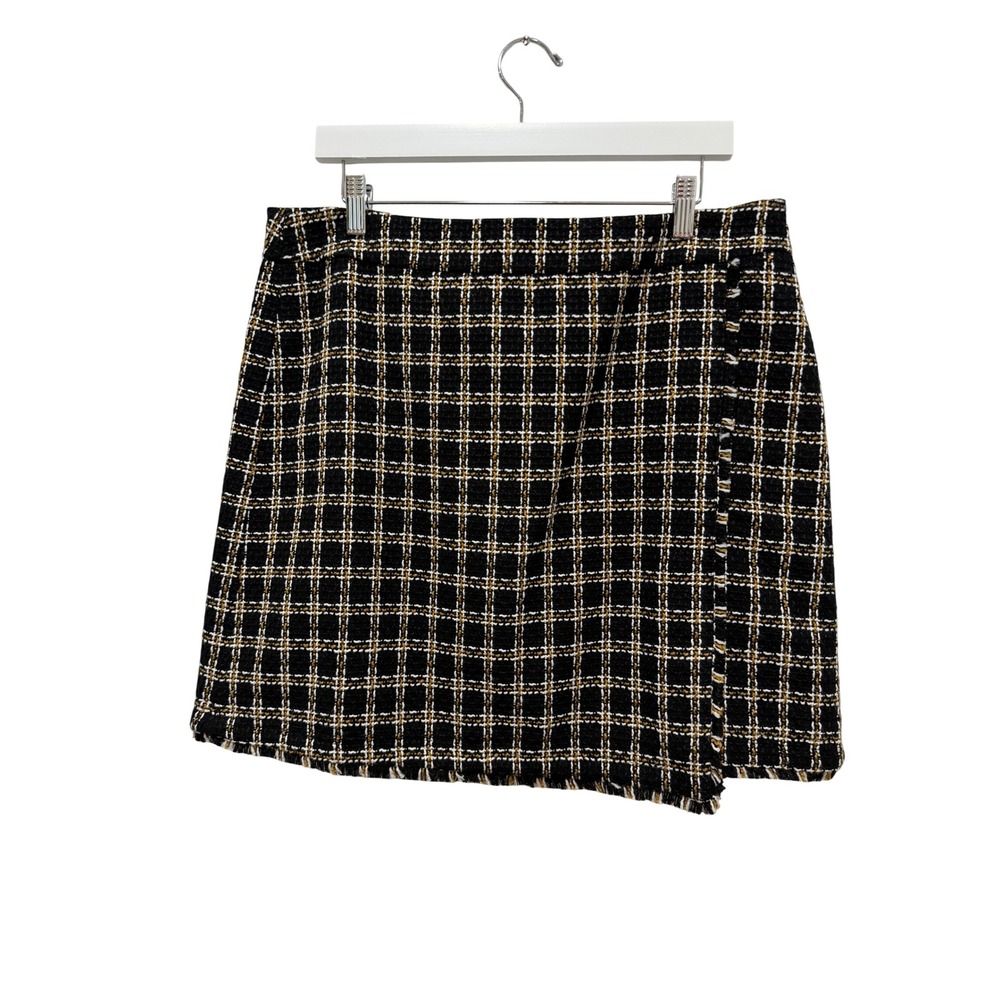 Loft Outlet Women Black Plaid Tweed Mini Skirt Frayed Hem Wrap Front Size 14 NWT